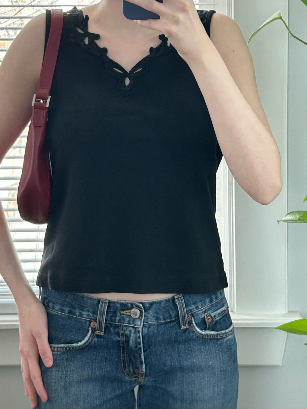 Rafaella Black Floral-Trim Tank Top